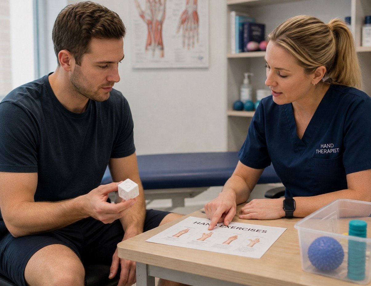 Hand therapist reviewing SMARTcube exercises